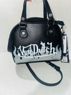 Von Dutch Black Mini Dome Bag with Teal Flame Logo